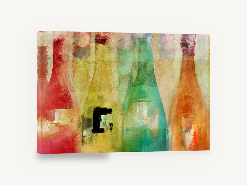 Four Coloured Bottles, abstract wine bottles colourful kitchen, kitchen canvas wall art print ready to hang
