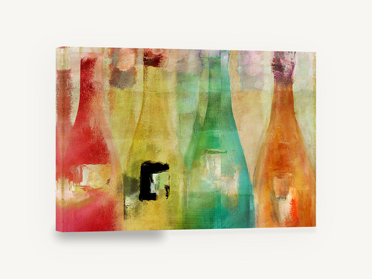 Four Coloured Bottles, abstract wine bottles colourful kitchen, kitchen canvas wall art print ready to hang