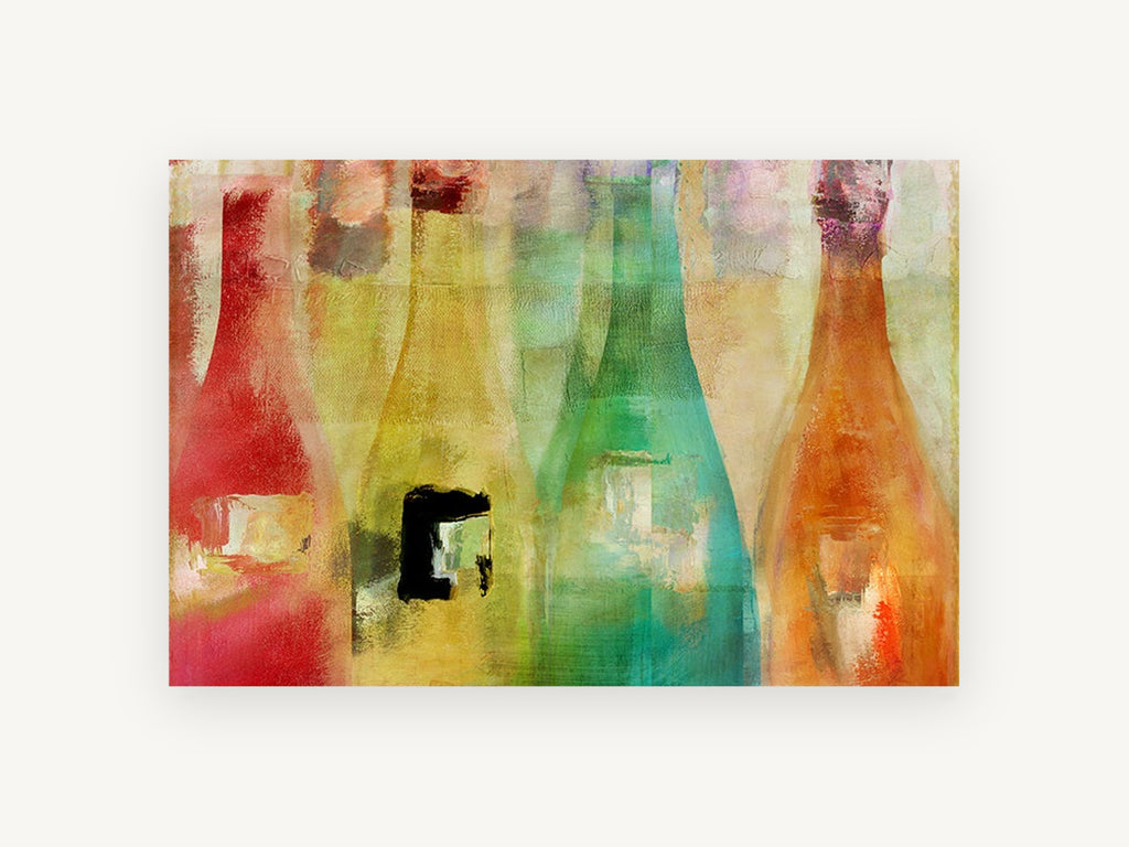 Four Coloured Bottles, kitchen canvas wall art print, front view