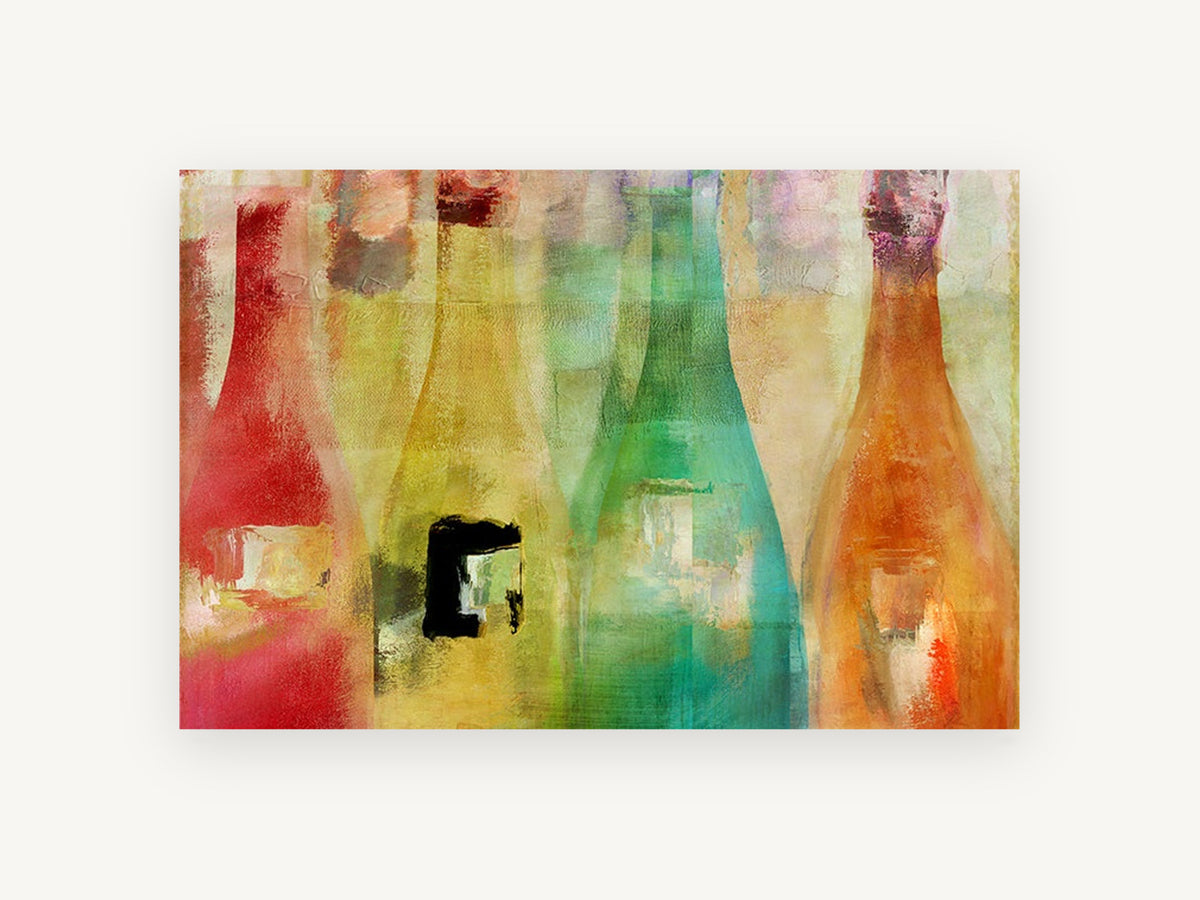 Four Coloured Bottles, kitchen canvas wall art print, front view