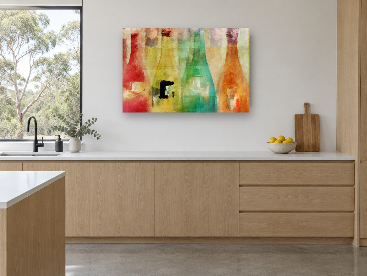 Four Coloured Bottles kitchen canvas print on the wall of a kitchen