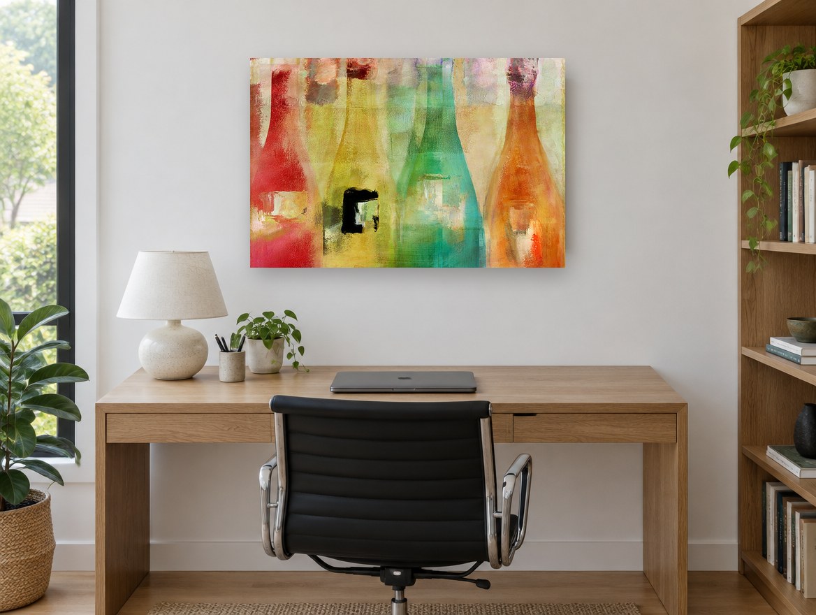 Four Coloured Bottles kitchen canvas print on the wall of a study
