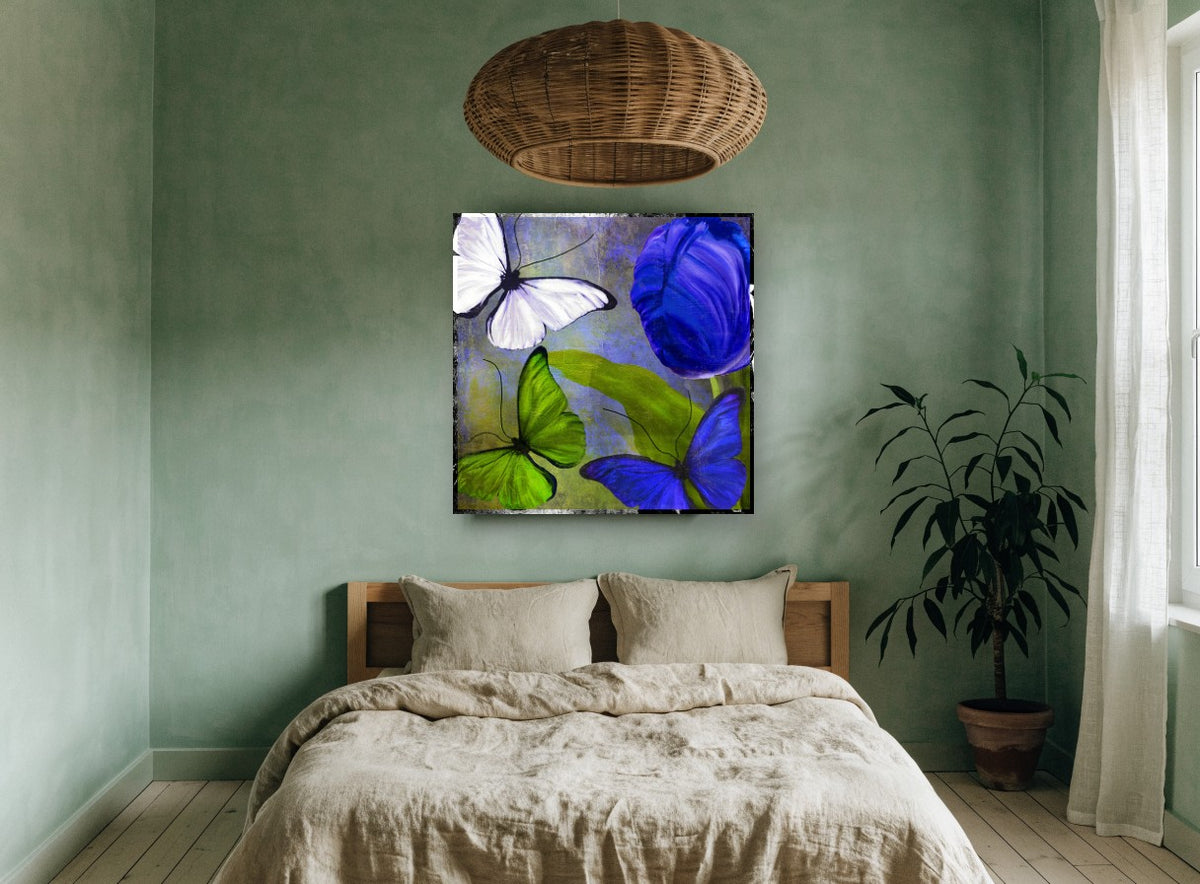 Blue Tulip and Butterflies floral canvas print on the wall of a bedroom