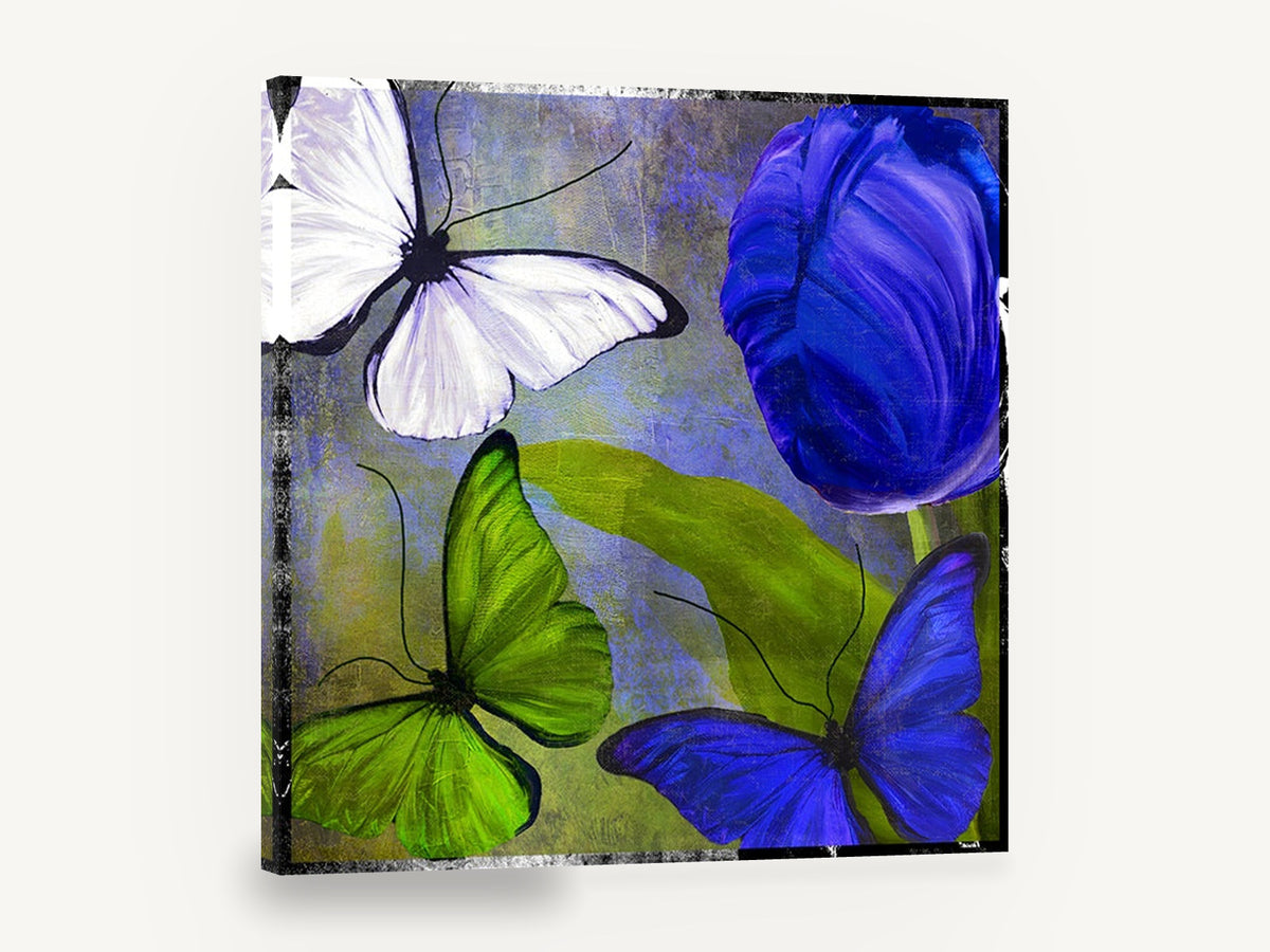 Blue Tulip and Butterflies, blue tulip and butterflies textured art, floral canvas wall art print ready to hang