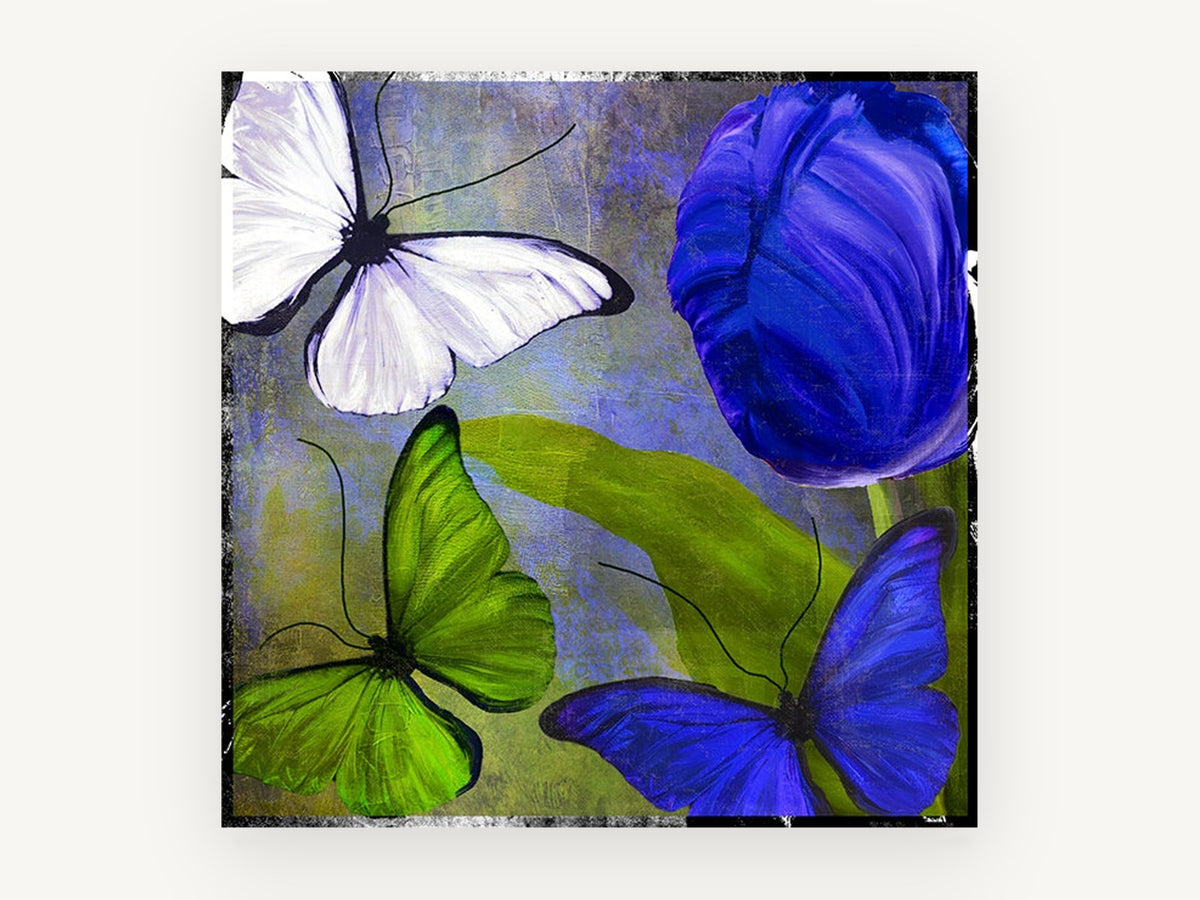 Blue Tulip and Butterflies, floral canvas wall art print, front view