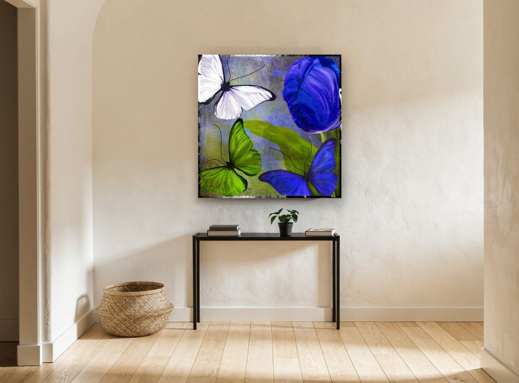 Blue Tulip and Butterflies floral canvas print on the wall of a hallway