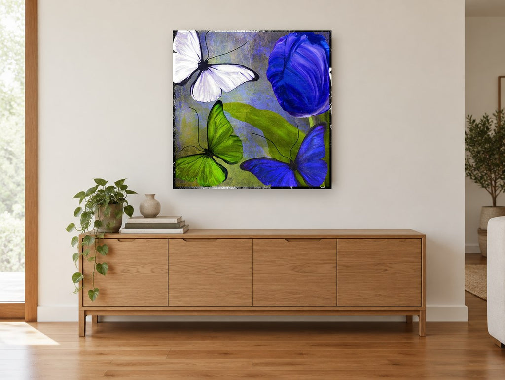 Blue Tulip and Butterflies floral canvas print on the wall of a living room above a sideboard