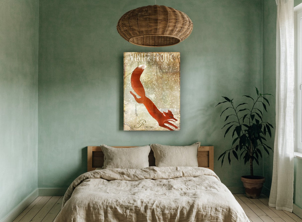 Leaping Winter Fox animal canvas print on the wall of a bedroom