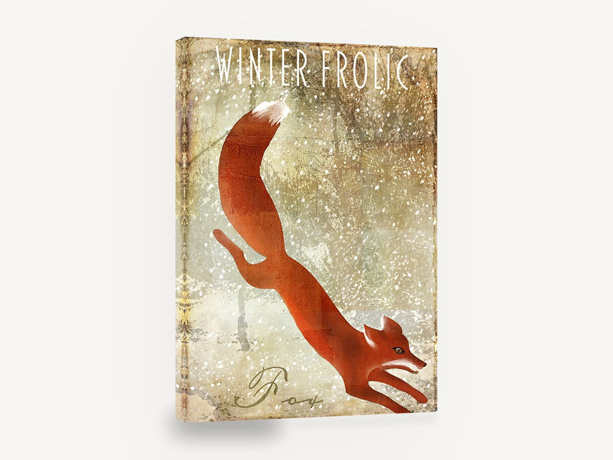 Leaping Winter Fox, red fox snow vintage illustration, animal canvas wall art print ready to hang