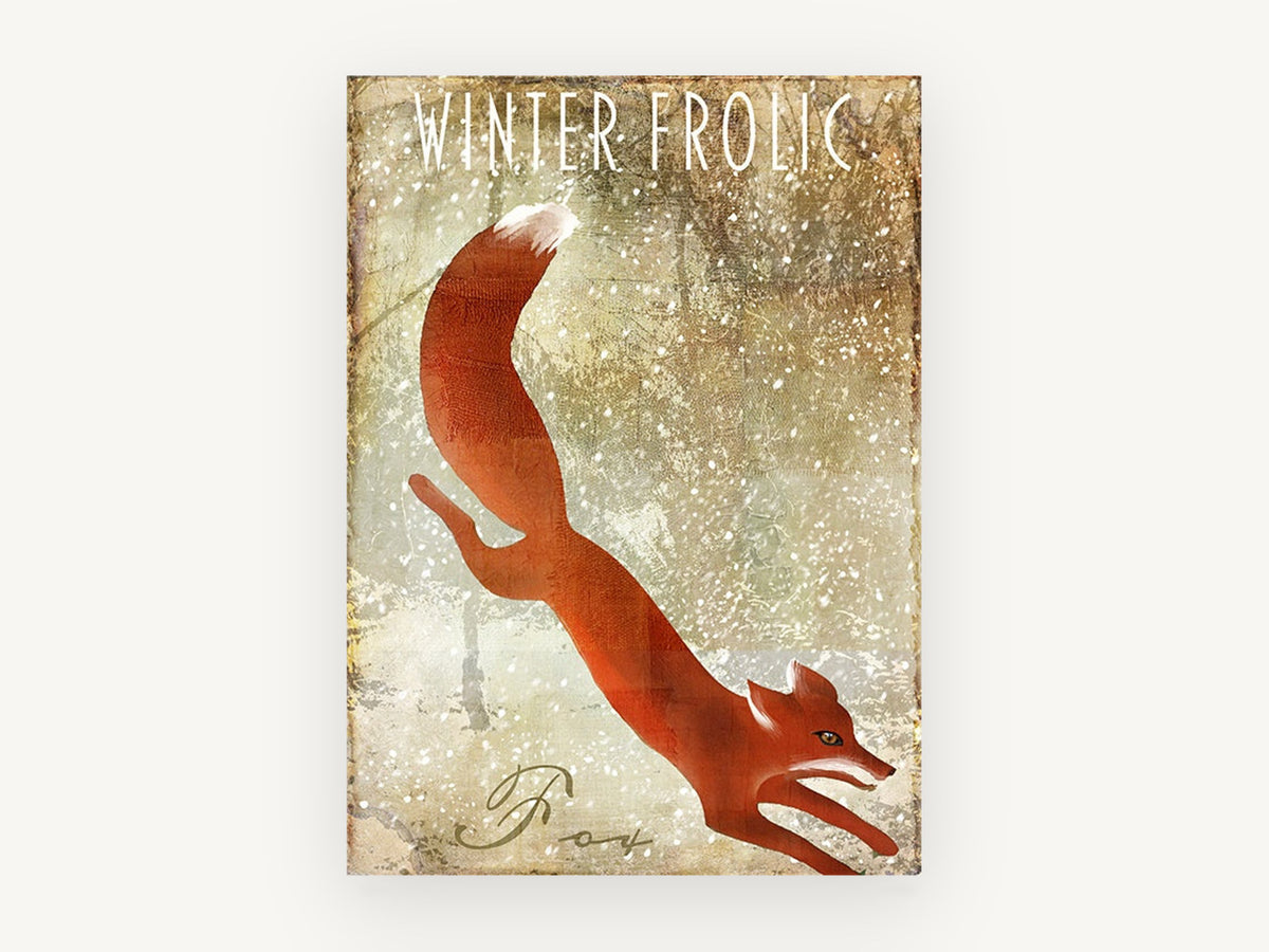 Leaping Winter Fox, red fox snow vintage illustration, animal canvas wall art print, front view