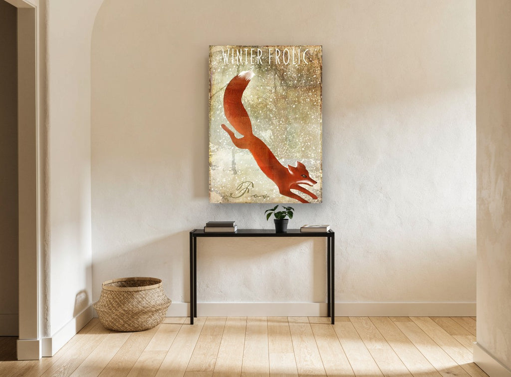 Leaping Winter Fox animal canvas print on the wall of a hallway