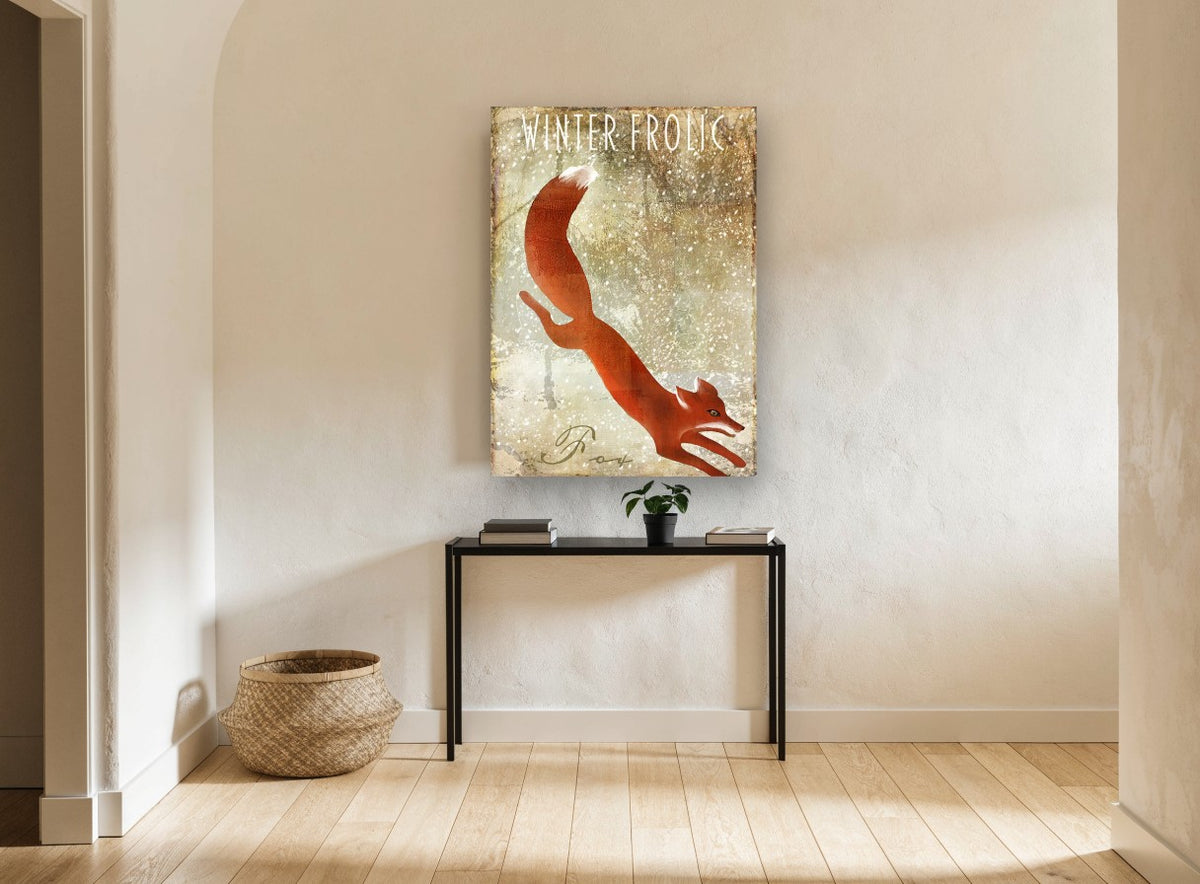 Leaping Winter Fox animal canvas print on the wall of a hallway