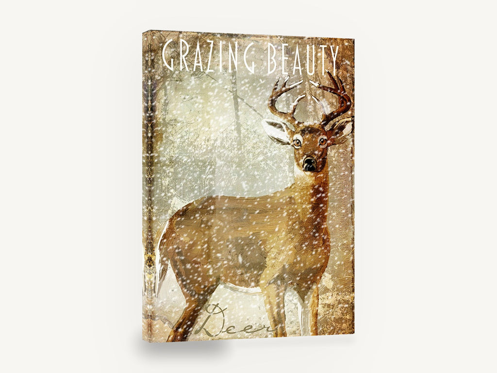 Snowfall Buck, whitetail deer snow illustration, animal canvas wall art print ready to hang