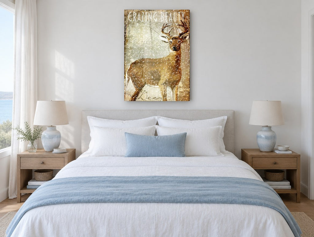 Snowfall Buck animal canvas print on the wall of a bedroom