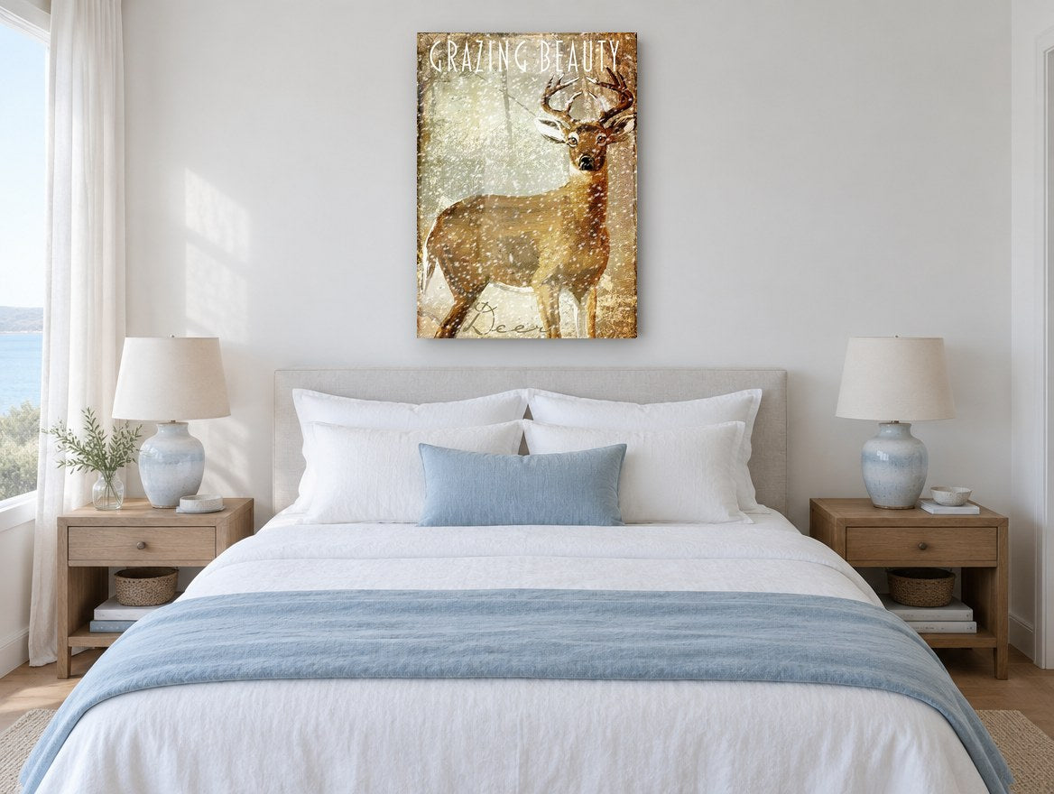 Snowfall Buck animal canvas print on the wall of a bedroom