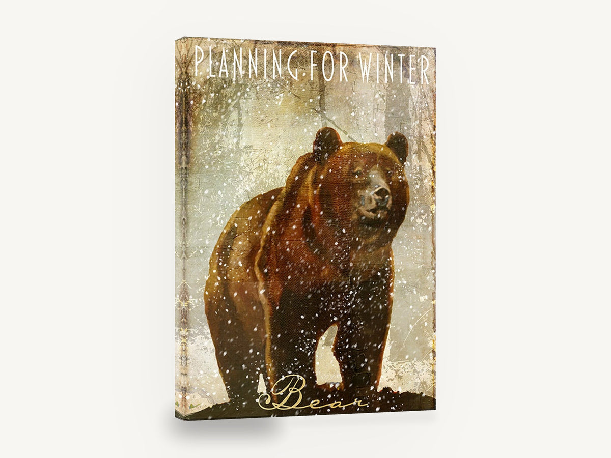 Winter Bear in Snowfall, brown bear snowfall typography, animal canvas wall art print ready to hang