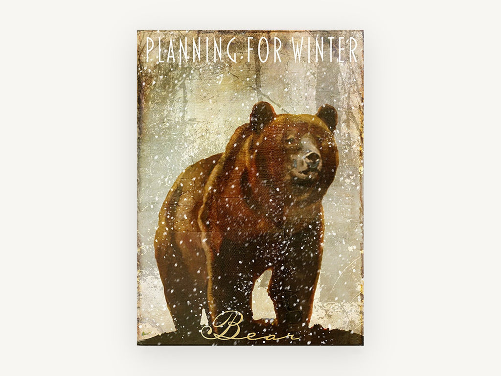Winter Bear in Snowfall, brown bear snowfall typography, animal canvas wall art print, front view