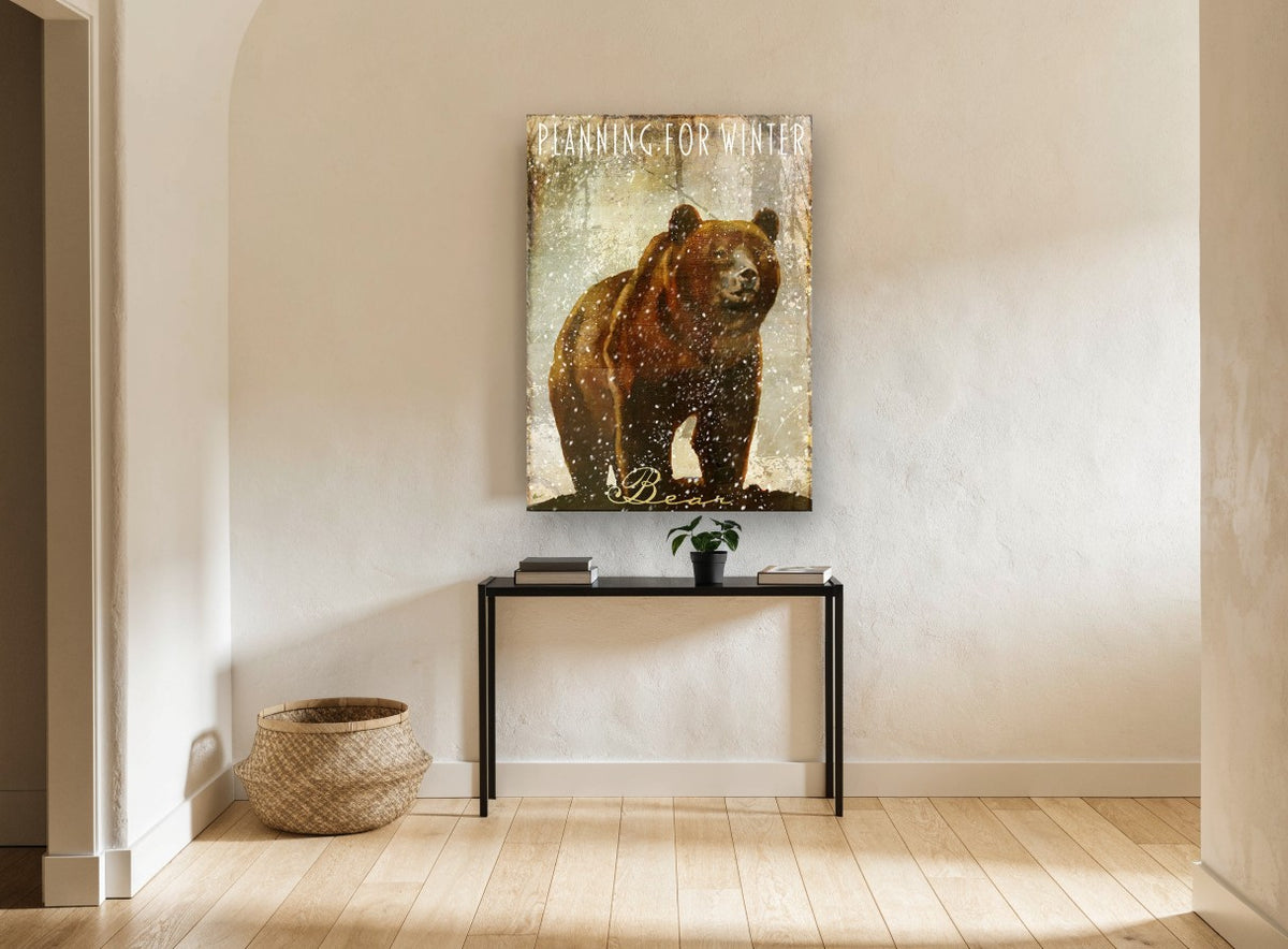 Winter Bear in Snowfall animal canvas print on the wall of a hallway