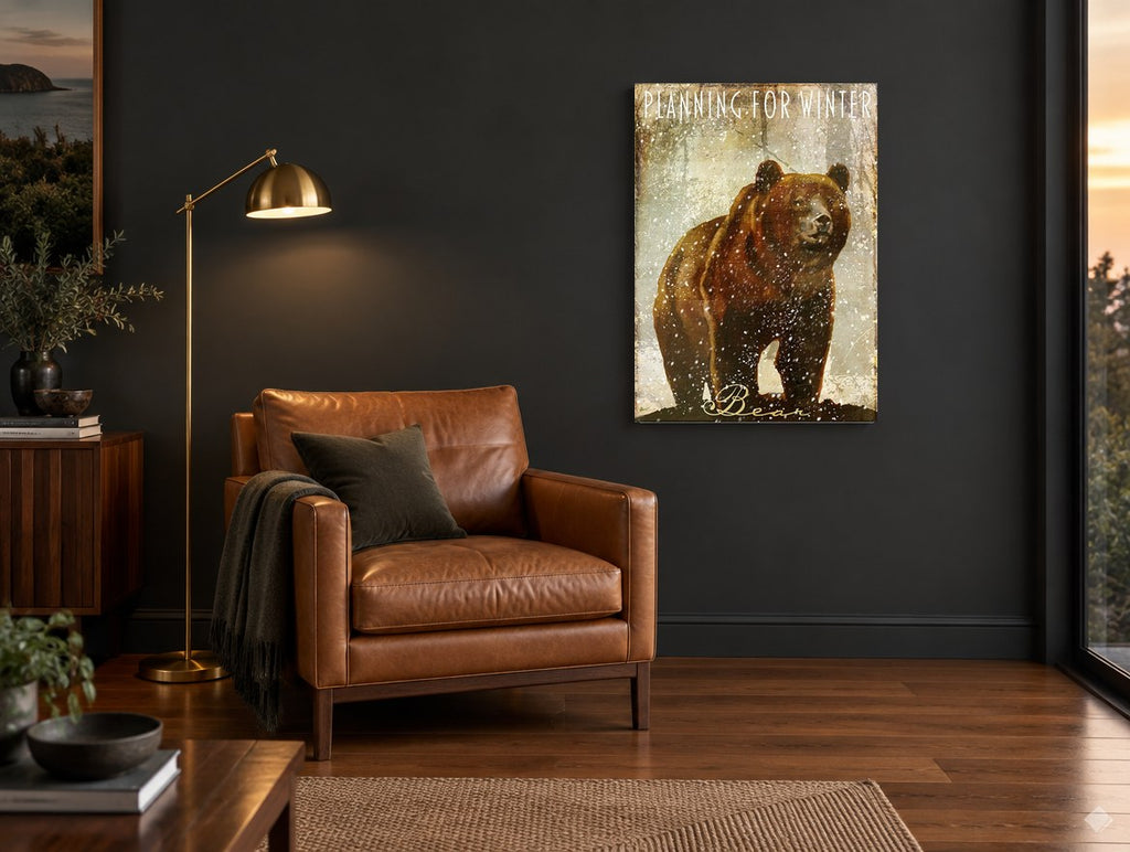 Winter Bear in Snowfall animal canvas print on the wall of a charcoal living room
