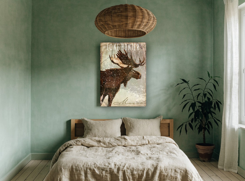 Snowfall Moose animal canvas print on the wall of a bedroom