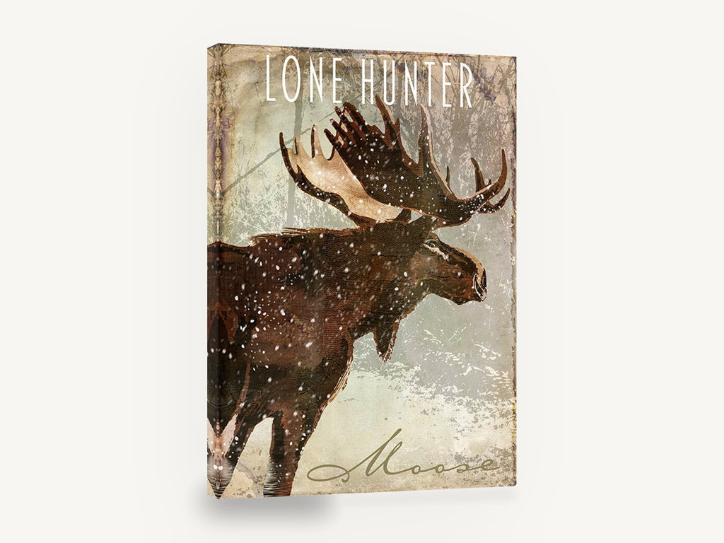 Snowfall Moose, moose in snow typography, animal canvas wall art print ready to hang