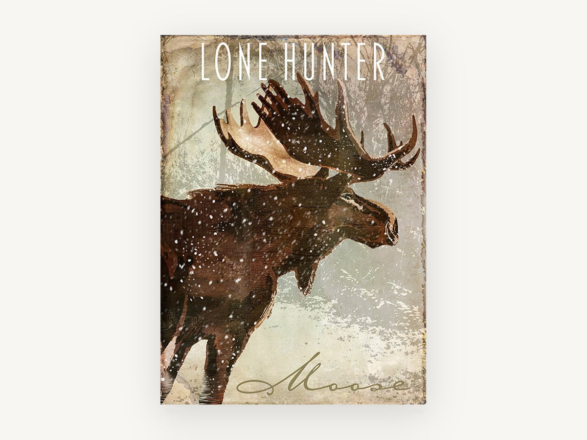 Snowfall Moose, moose in snow typography, animal canvas wall art print, front view