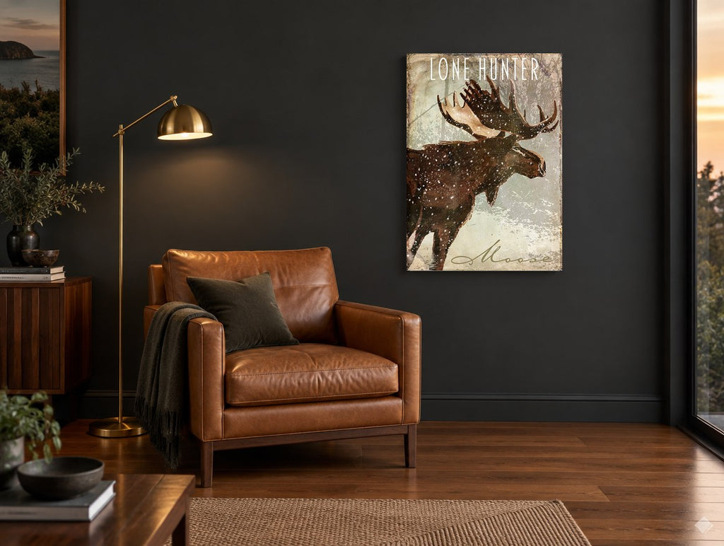 Snowfall Moose animal canvas print on the wall of a charcoal living room