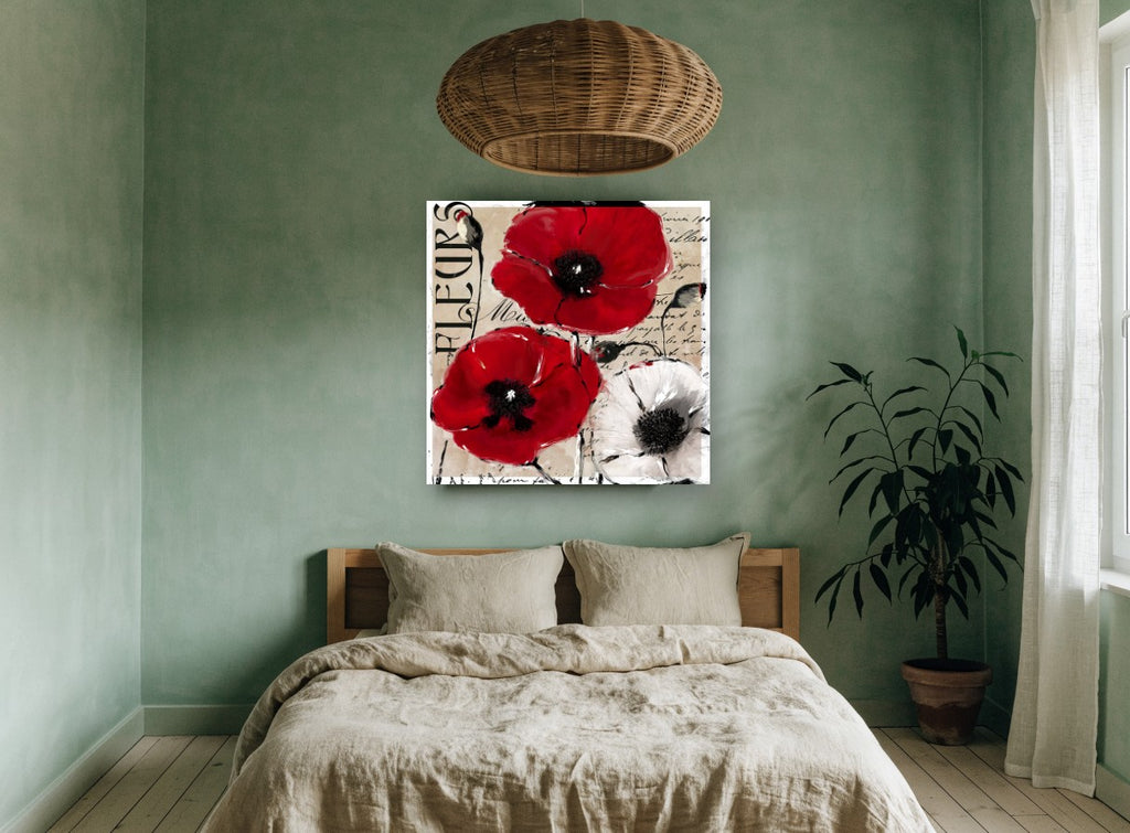 Red Poppies Fleurs Script floral canvas print on the wall of a bedroom