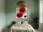 Red Poppies Fleurs Script floral canvas print on the wall of a bedroom