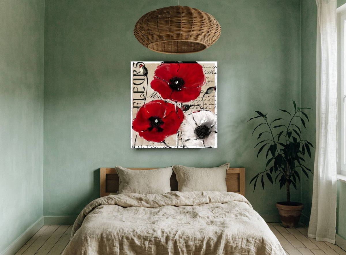 Red Poppies Fleurs Script floral canvas print on the wall of a bedroom