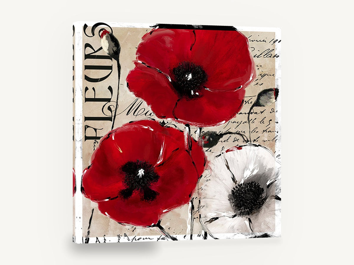 Red Poppies Fleurs Script, red and white poppies french script, floral canvas wall art print ready to hang