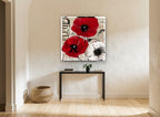 Red Poppies Fleurs Script floral canvas print on the wall of a hallway