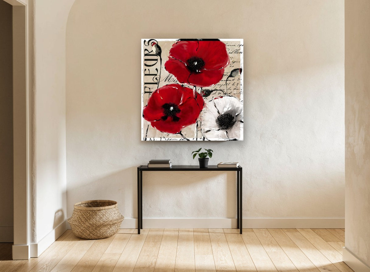 Red Poppies Fleurs Script floral canvas print on the wall of a hallway