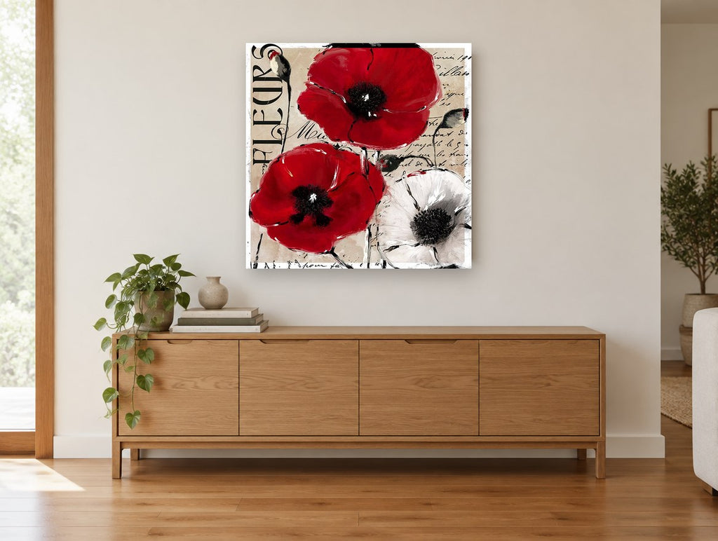 Red Poppies Fleurs Script floral canvas print on the wall of a living room above a sideboard