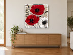 Red Poppies Fleurs Script floral canvas print on the wall of a living room above a sideboard