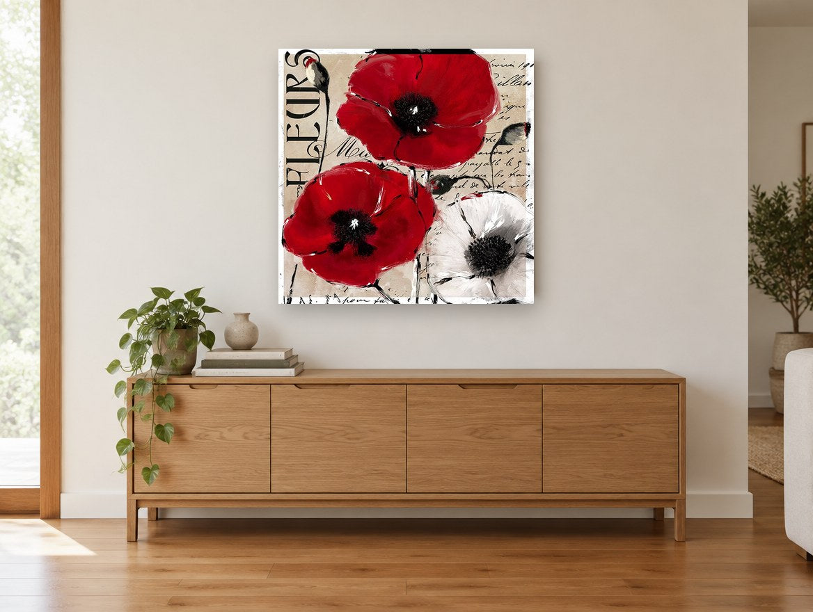 Red Poppies Fleurs Script floral canvas print on the wall of a living room above a sideboard