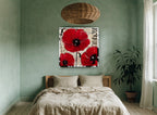 Red Poppies on French Script floral canvas print on the wall of a bedroom