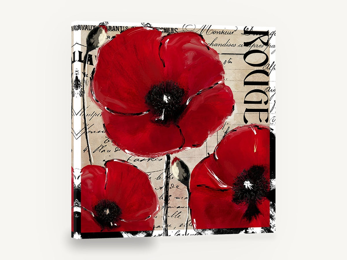 Red Poppies on French Script, red poppies french script floral art, floral canvas wall art print ready to hang