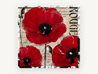 Red Poppies on French Script, floral canvas wall art print, front view
