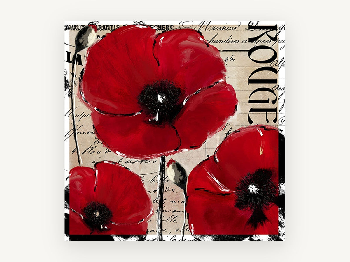 Red Poppies on French Script, floral canvas wall art print, front view