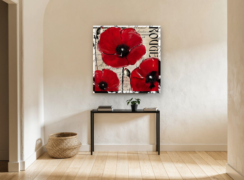 Red Poppies on French Script floral canvas print on the wall of a hallway