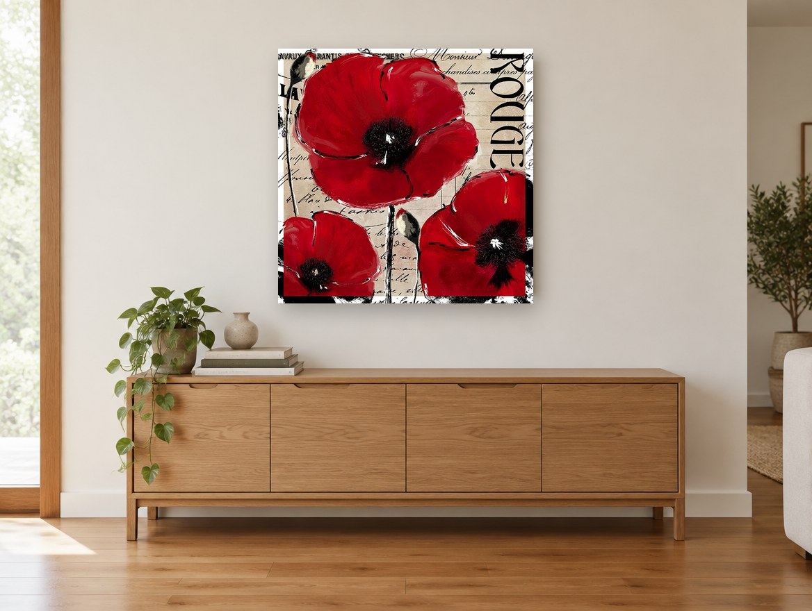 Red Poppies on French Script floral canvas print on the wall of a living room above a sideboard