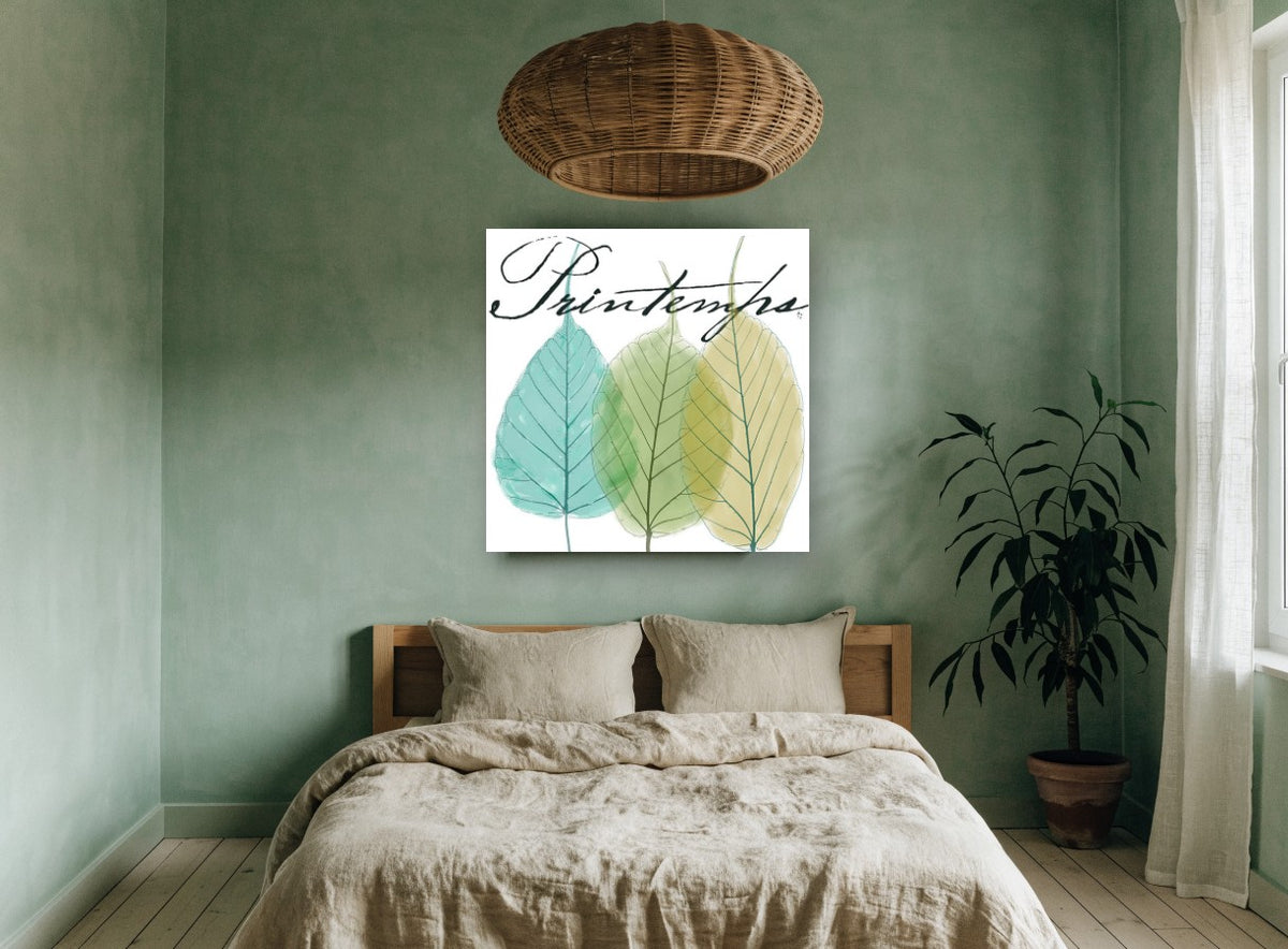 Three Leaves Printemps floral canvas print on the wall of a bedroom