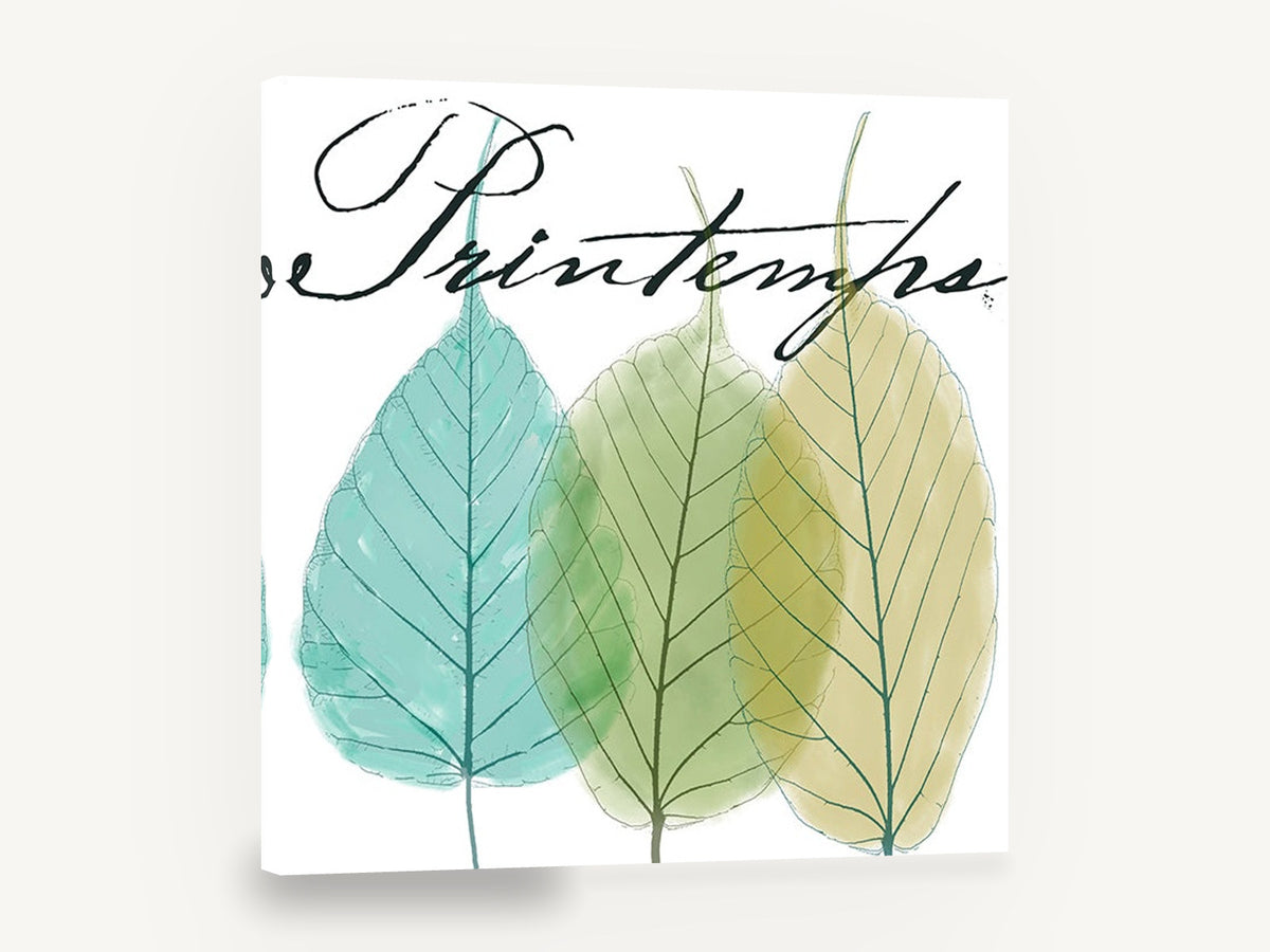 Three Leaves Printemps, teal green leaves watercolour botanical, floral canvas wall art print ready to hang