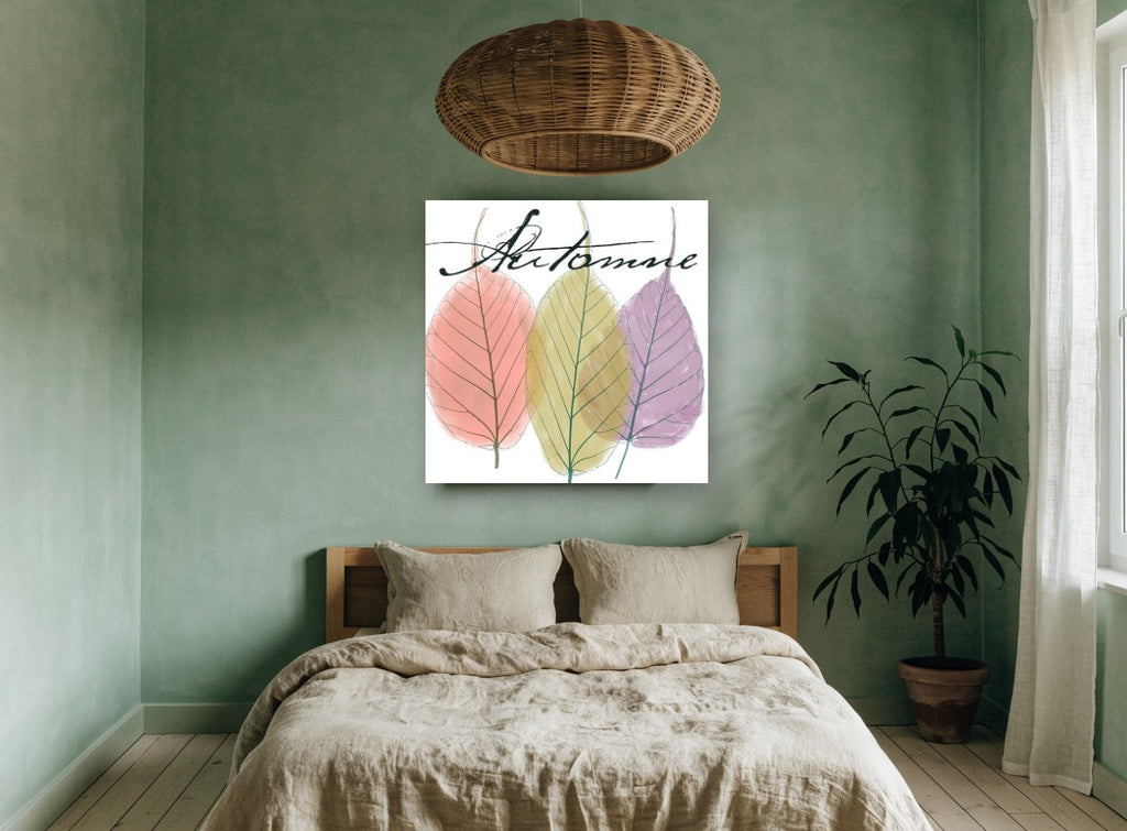 Autumn Leaf Trio floral canvas print on the wall of a bedroom