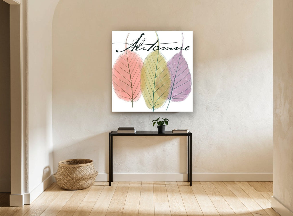 Autumn Leaf Trio floral canvas print on the wall of a hallway