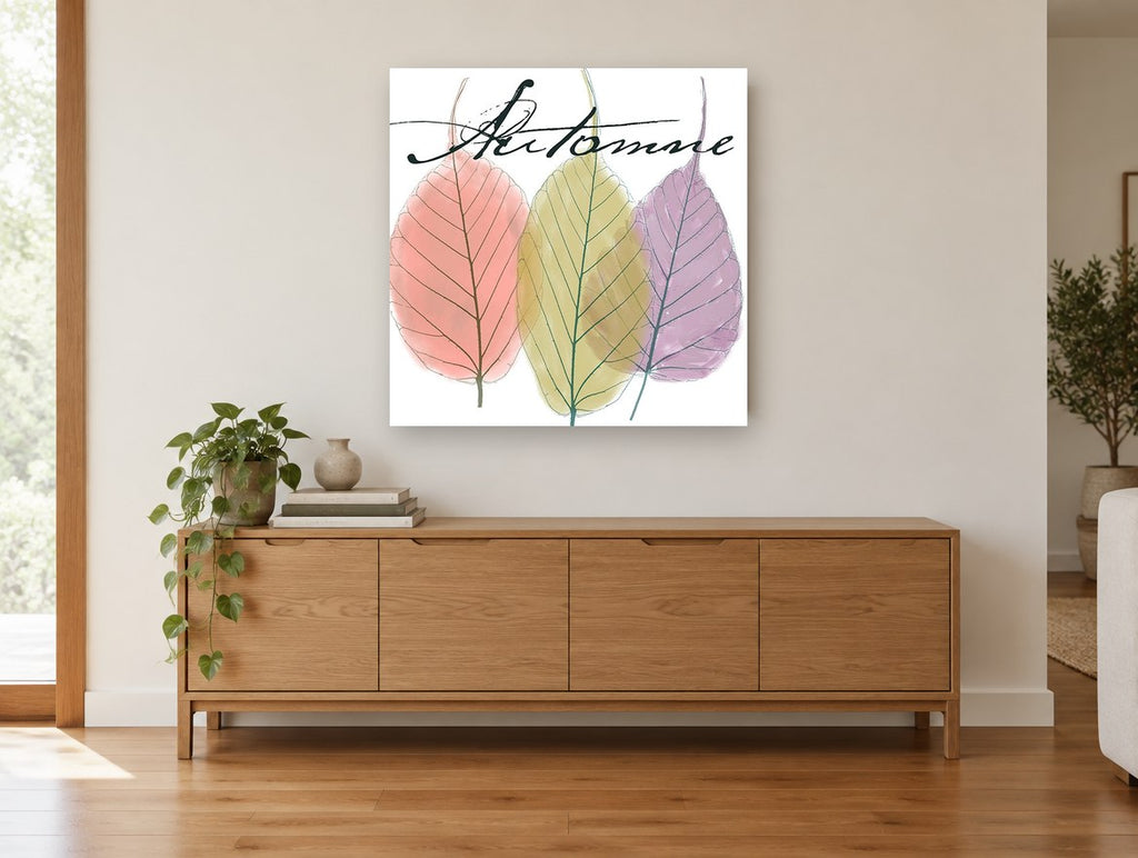 Autumn Leaf Trio floral canvas print on the wall of a living room above a sideboard