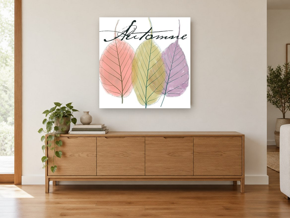 Autumn Leaf Trio floral canvas print on the wall of a living room above a sideboard