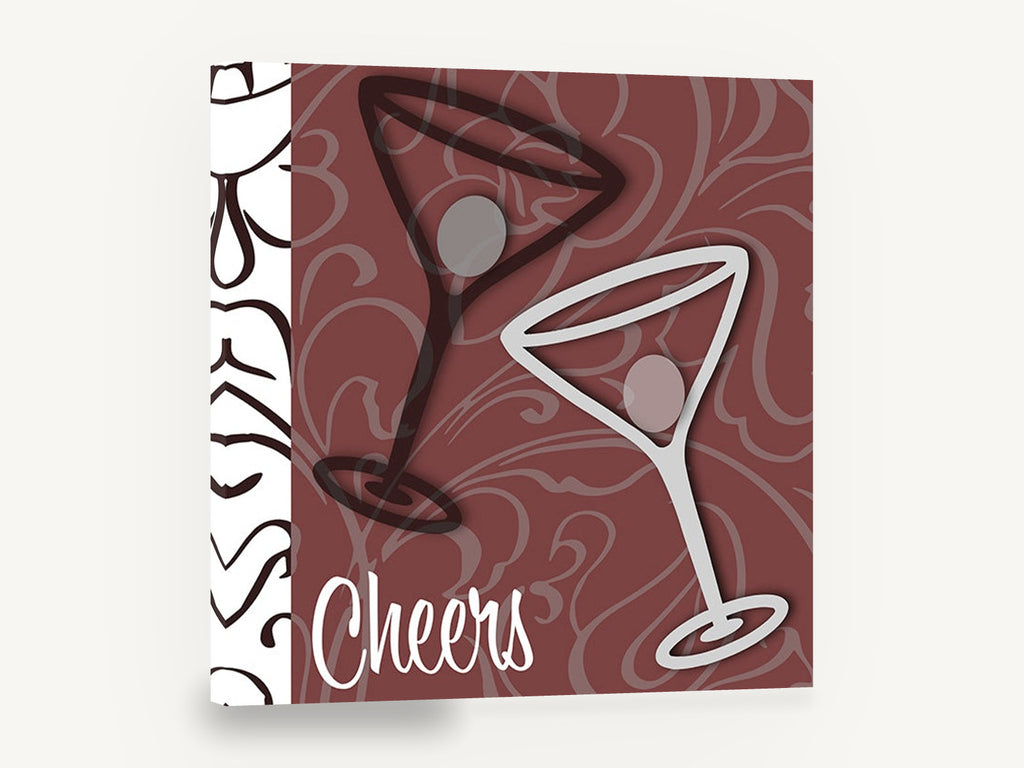Burgundy Swirl Martini Toast, martini glasses cheers cocktail bar, kitchen canvas wall art print ready to hang