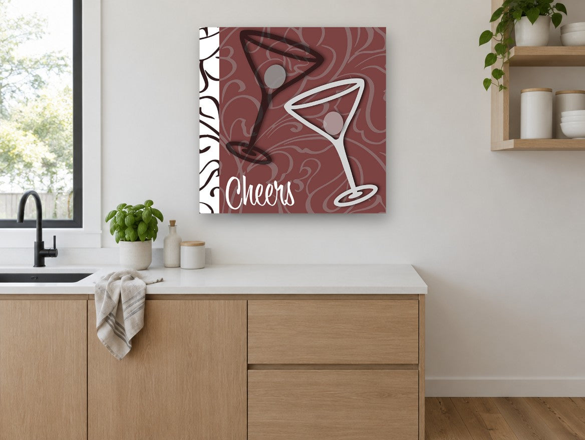 Burgundy Swirl Martini Toast kitchen canvas print on the wall of a kitchen